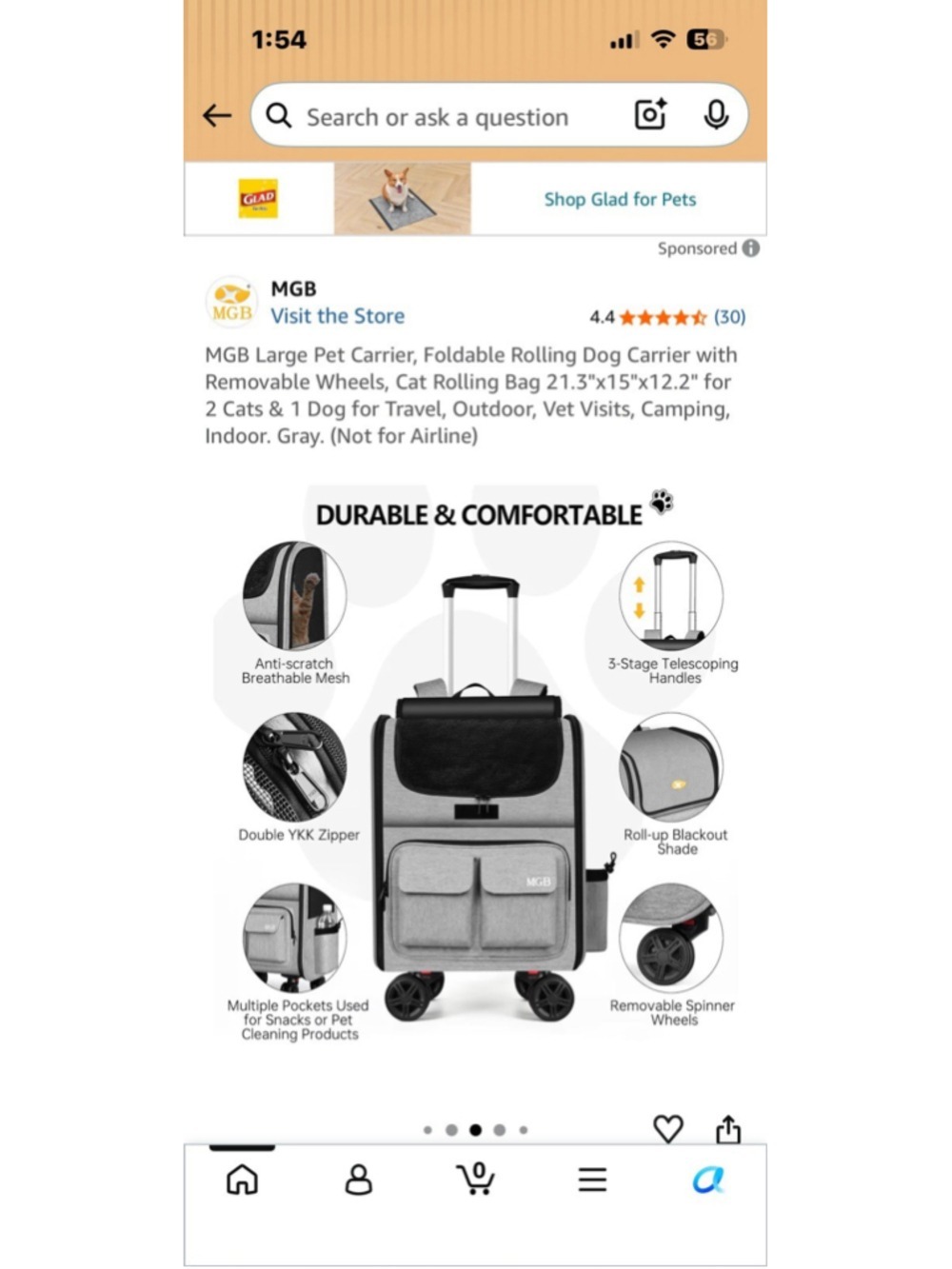 Rolling Pet Carrier Backpack With Wheels Foldable Dog Cat Travel Bag Gray Large - Picture 8 of 11